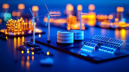 Aufkleber - Futuristic energy landscape showcasing wind turbines, solar panels, and glowing city lights at dusk
