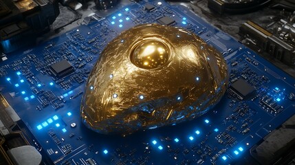 Poster - Futuristic golden artifact resting on a high-tech circuit board, illuminated by blue LED lights