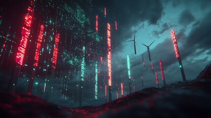 Aufkleber - Futuristic landscape featuring digital rain and wind turbines under a dramatic sky at dusk