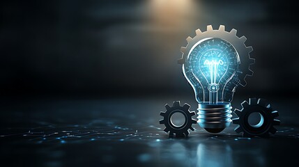 Aufkleber - Futuristic light bulb surrounded by gears, symbolizing innovation and technology in a dark setting