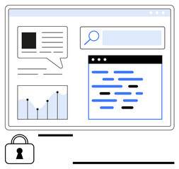 Digital interface featuring graphs, speech bubbles, code, and search bar with lock symbol. Ideal for security, technology, analytics, data protection, web development coding online privacy flat