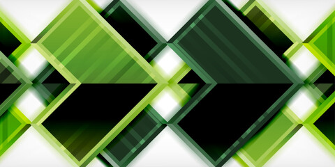 Poster - Geometric pattern features overlapping squares, varying green shades, white highlights. Modern design creates dynamic visual texture.