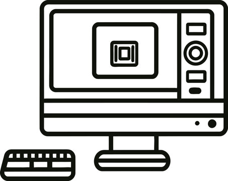 Vector Illustration of a Minimalist Desktop Computer Setup with Monitor, Keyboard, and Stand