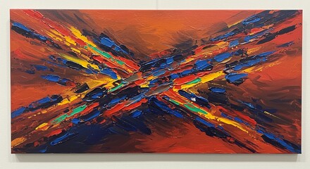 Poster - A painting of a colorful cross with a red background