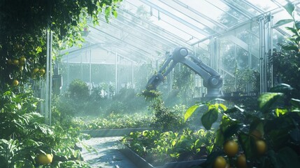 Poster - A bright greenhouse environment showcases robotic arms at work, efficiently harvesting vegetables and redefining automated agricultural technology