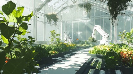 Poster - A bright greenhouse environment showcases robotic arms at work, efficiently harvesting vegetables and redefining automated agricultural technology