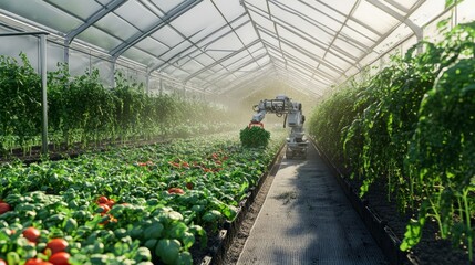 Poster - Advanced greenhouse technology: robotic arms continuously harvesting fresh vegetables, highlighting innovation and efficiency in automated farming