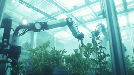 Poster - Automated agricultural technology at work: robotic arms in a bright greenhouse harvest vegetables with efficiency and futuristic precision