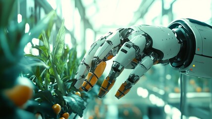 Poster - Automated agricultural technology at work: robotic arms in a bright greenhouse harvest vegetables with efficiency and futuristic precision