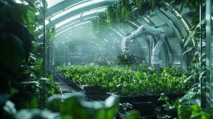 Poster - Automated greenhouse setting with precise robotic arms harvesting healthy vegetables, representing the future of smart agriculture and innovation