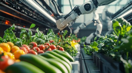 Poster - Dynamic greenhouse scene with robotic arms harvesting vibrant vegetables, exemplifying precision automation in modern agriculture