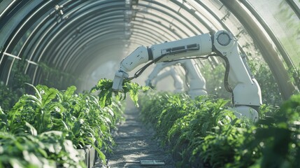 Poster - High-tech greenhouse scene with robotic arms picking ripe vegetables, demonstrating futuristic automated farming and precision agriculture