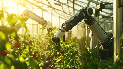 Poster - High-tech robotic arms harvest vegetables in a sunlit greenhouse, illustrating innovative automated agricultural technology and eco-friendly solutions