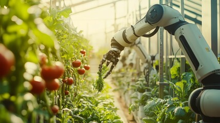 Poster - High-tech robotic arms harvest vegetables in a sunlit greenhouse, illustrating innovative automated agricultural technology and eco-friendly solutions