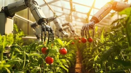 Poster - High-tech robotic arms harvest vegetables in a sunlit greenhouse, illustrating innovative automated agricultural technology and eco-friendly solutions