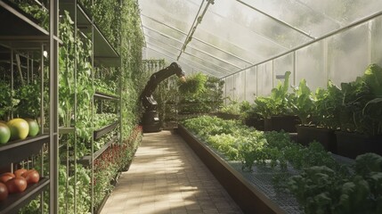 Poster - In an innovative greenhouse, robotic arms accurately harvest a variety of vegetables, merging automation with sustainable agricultural practices
