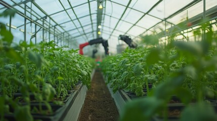 Poster - Inside a state-of-the-art greenhouse, robotic arms efficiently harvest produce, highlighting advanced automation in sustainable agriculture
