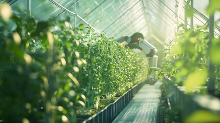 Poster - Inside a futuristic greenhouse, precise robotic arms pick fresh vegetables, merging automation with advanced sustainable farming practices