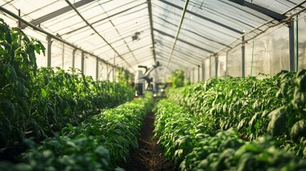 Poster - Inside a state-of-the-art greenhouse, robotic arms efficiently harvest produce, highlighting advanced automation in sustainable agriculture