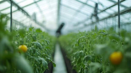 Poster - Inside a state-of-the-art greenhouse, robotic arms efficiently harvest produce, highlighting advanced automation in sustainable agriculture