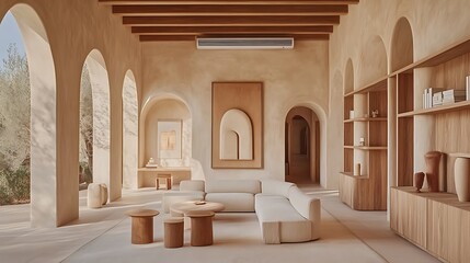 Poster - Modern minimalist interior showcasing a spacious living room with natural light and earthy tones