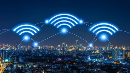 Aufkleber - Night cityscape with glowing Wi-Fi signals illustrating connectivity over urban skyline