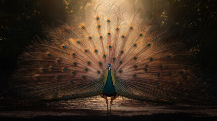 Poster - A majestic peacock with iridescent feathers fanned out in golden light