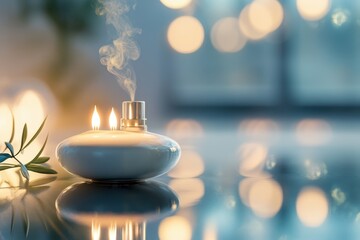 Poster - Unique oil lamp with candles emitting soft smoke in a cozy indoor setting at night