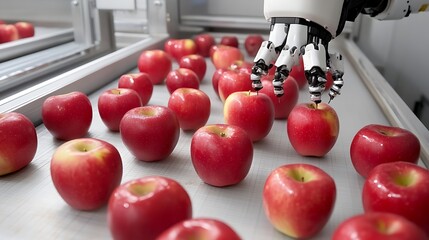 Aufkleber - Robotic hand picking shiny red apples in a modern agricultural facility with technology in action