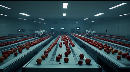 Aufkleber - Robots sorting apples in a high-tech facility, showcasing automation in food processing