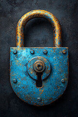 Poster - A weathered, teal and gold padlock rests against a dark textured background.  Its aged patina suggests security, history, and the passage of time.