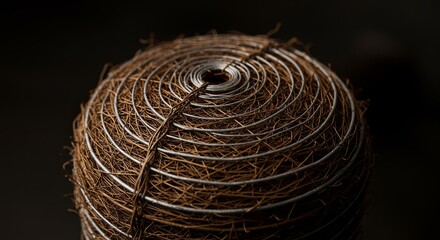 Poster - A brown and silver wire ball with a silver string wrapped around it