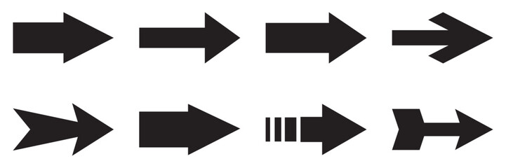 Poster - Arrow icons set. Simple arrow big set. Arrow collection. Black arrow forward. Straight pointed arrow icon. Black arrow pointing to the right. Black direction pointer. Vector illustration. 