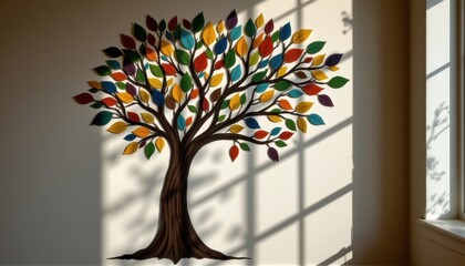 Poster - a hand painted tree with layered leaves created from different materials, casting playful shadows on