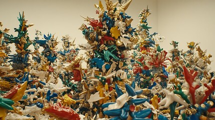 Poster - Vibrant and intricate sculpture installation showcasing colorful abstract forms in a contemporary gallery