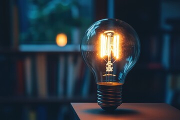 Poster - Vintage light bulb shines brightly in a cozy room setting during evening hours