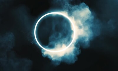 Wall Mural - A hypnotic cinematic scene of a neon circle glowing in the darkness with a soft pulsing effect made with Generative AI technology