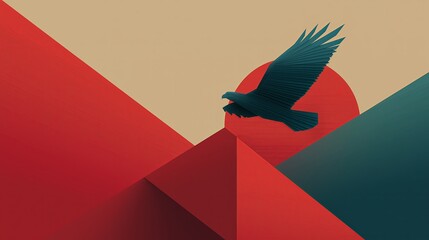Poster - Abstract geometric eagle soaring over minimalist desert