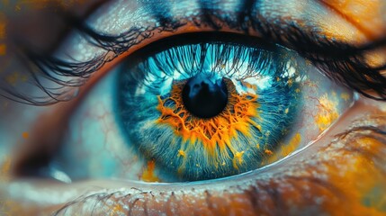 Poster - A close-up of a vibrant eye showcasing intricate patterns and colors, blending blue, orange, and hints of yellow, emphasizing the beauty of the human iris.