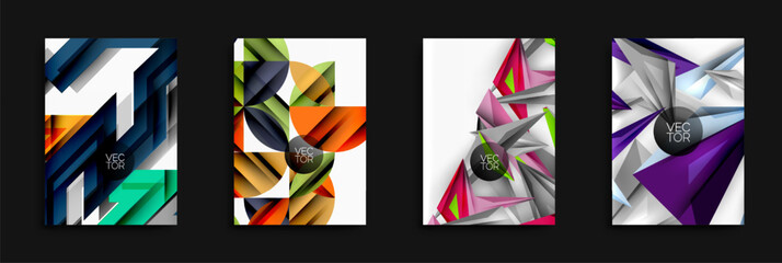 Fototapete - Abstract geometric designs. Bright colors, layered shapes, modern vector illustrations. Clean compositions, dynamic visuals.