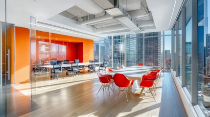 Poster - Bright open-concept workspace with minimalist furniture, collaborative workstations, and a glass-walled conference room with a city view