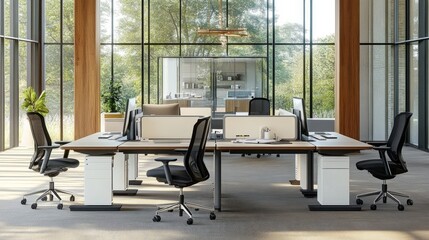 Poster - Modern open office with sleek desks, ergonomic chairs, and a glass-walled meeting room in the background, sunlight streaming through large windows