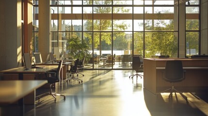 Poster - Modern open office with sleek desks, ergonomic chairs, and a glass-walled meeting room in the background, sunlight streaming through large windows