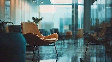 Poster - Quiet moment in a modern office showing empty ergonomic chairs and a clean glass meeting room ready for the next team session