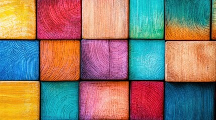 Poster - A vibrant arrangement of colorful wooden blocks showcasing various textures and shades in a grid pattern.