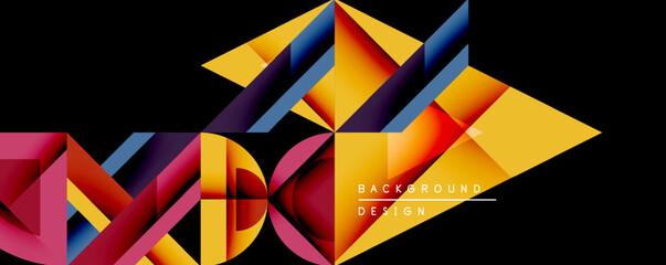 Leinwandbilder - Abstract geometric shapes overlap, creating vibrant colorful design. Black background emphasizes bright triangles, lines, forms. Modern aesthetic.