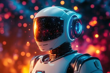 Poster - Futuristic robot with cosmic helmet and vibrant background in a sci-fi setting