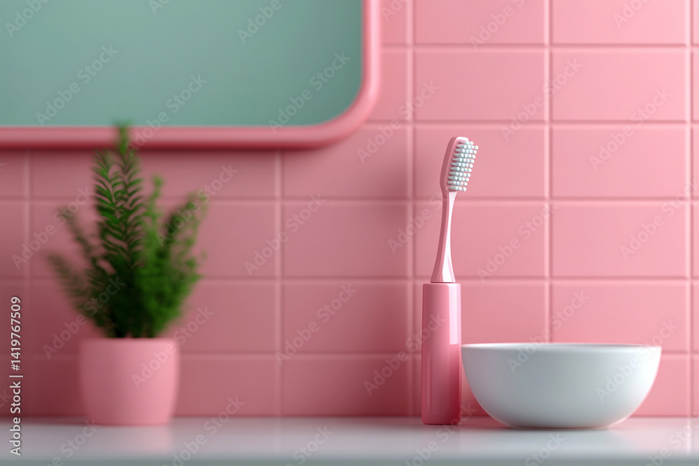 Brushing teeth in front of a mirror, soft morning light, realistic ...