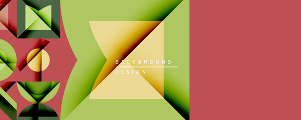 Fototapete - Abstract geometric shapes, vibrant colors, layered design. Green, yellow, red hues create modern visual texture.