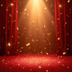 Poster - dramatic stage scene with red curtains and golden confetti falling under spotlight creates festive atmosphere